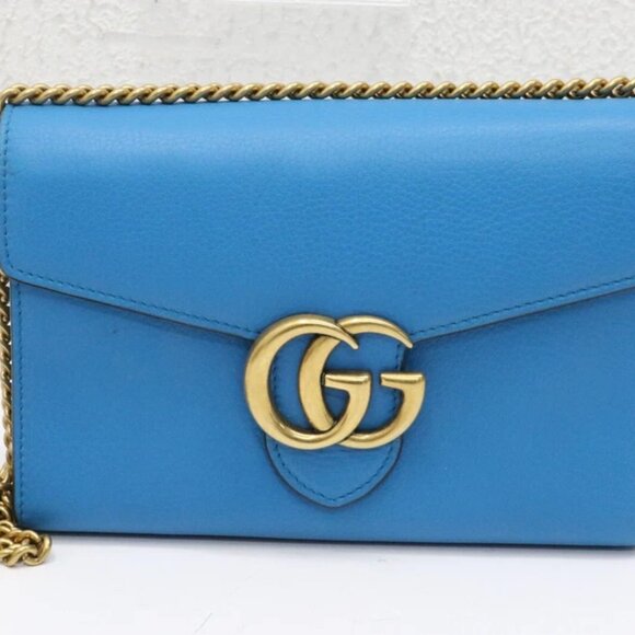 Gucci Blue Leather GG Marmont Wallet On Chain - Picture 1 of 15